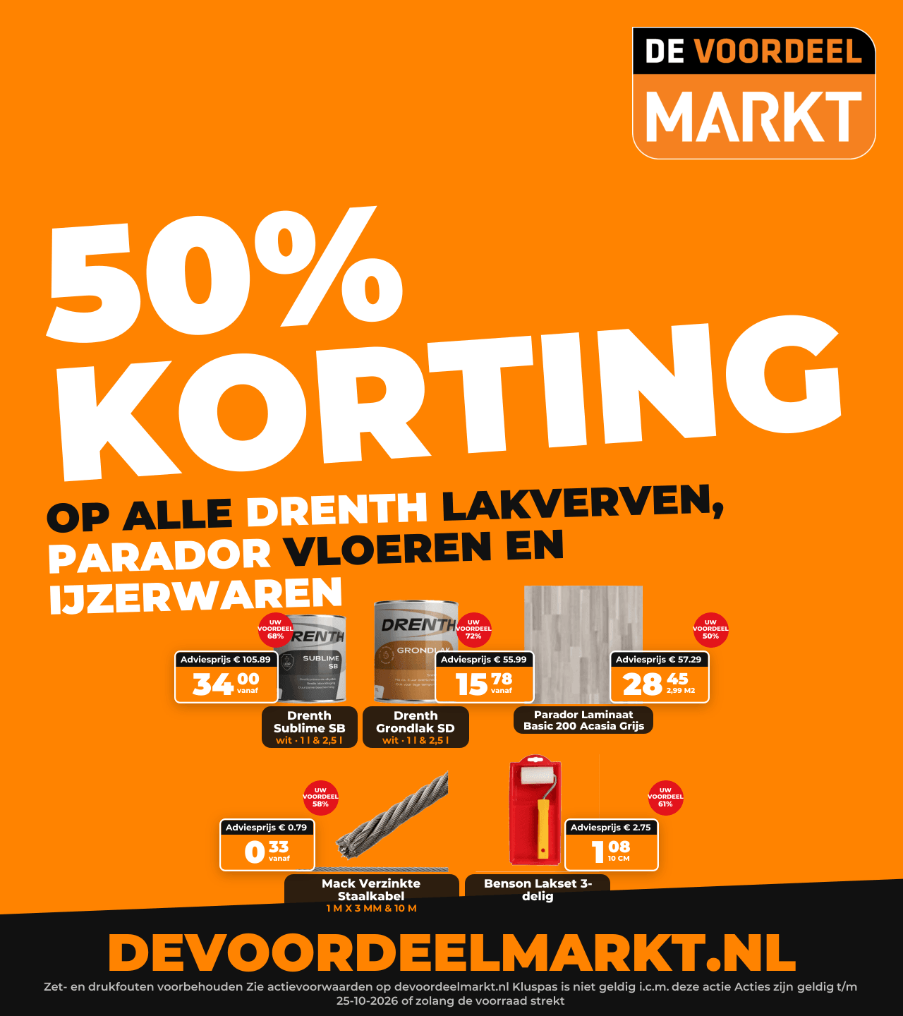 Herfst: 50% op Drenth, Parador en ijzerwaren — 50% korting op alle Drenth lakverven, Parador vloeren en ijzerwaren van Mack, Benson en Hofftech.